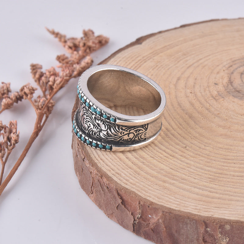Unisex Turquoise Inlaid Flower Ring Sterling Silver Gemstone Engagement Wedding Band European American Classic