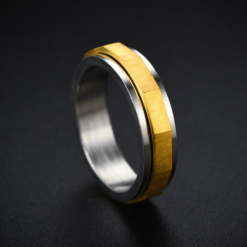 Unisex Black Gold Titanium Steel Ring With Diamond Cut Geometric Design Rotating Band Jewelry Electroplated Finish