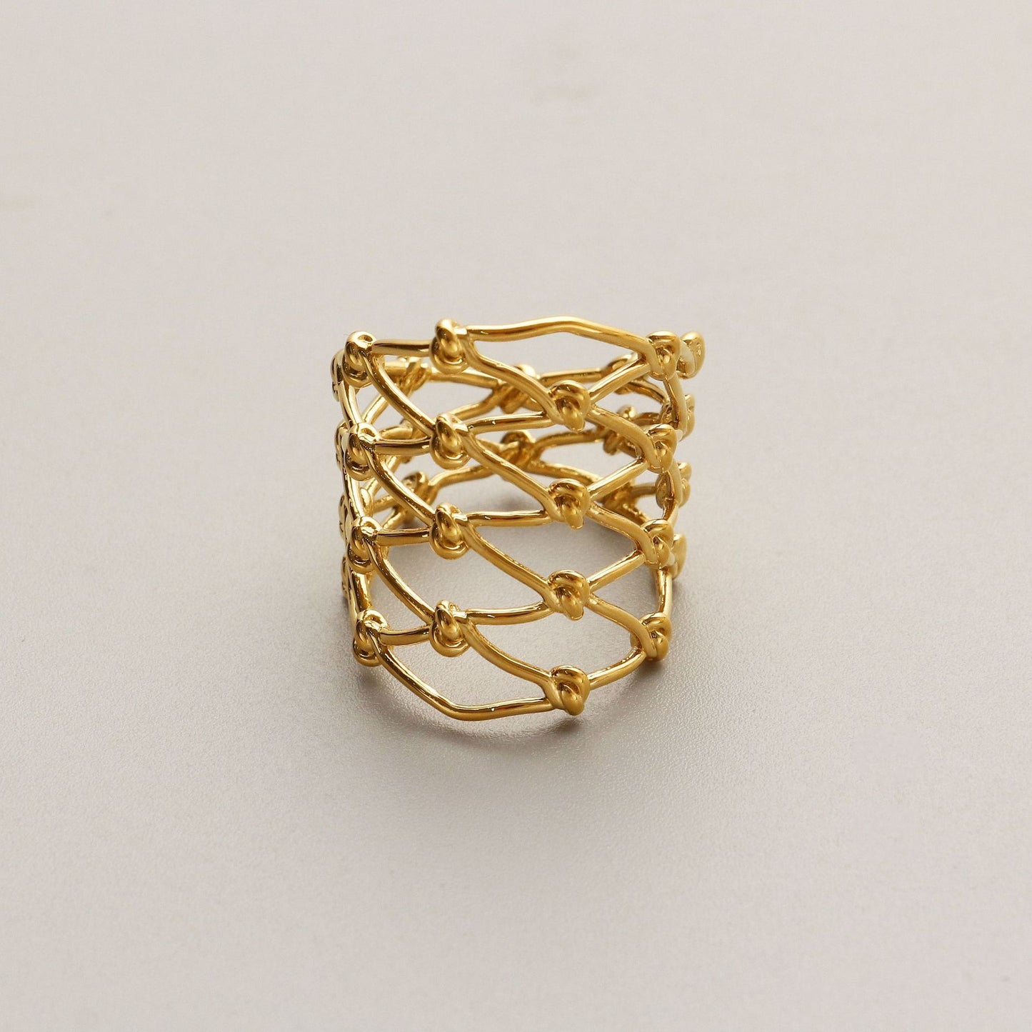 Woven Knotted Wide Face Ring For Women Geometric Hollow Copper Base 18K Gold Plated Finish Elegant Design Chic