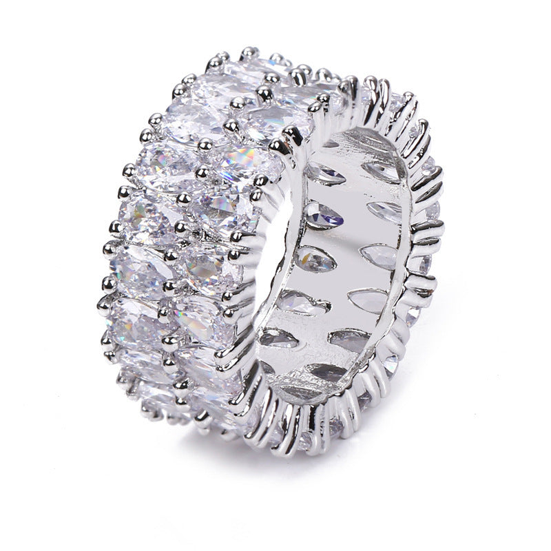 Womens Silver Plated Ring With Full Zircon Double Rows Dazzling Design Fashion Jewelry Elegant Platinum Finish