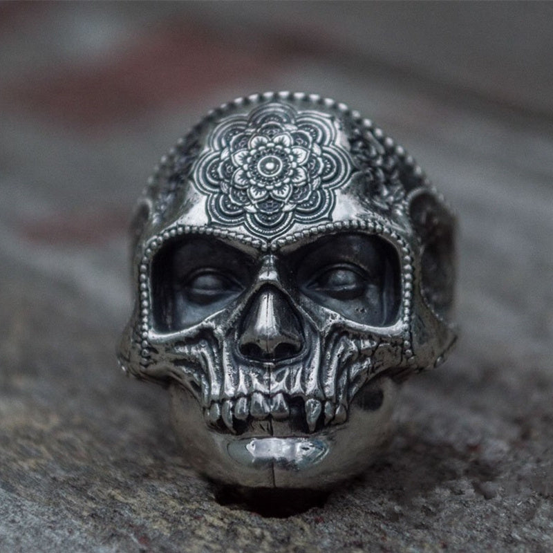 Silver Tone 316L Stainless Steel Skull Ring For Men Mandala Flower Santa Muerte Biker Jewelry For Street Style