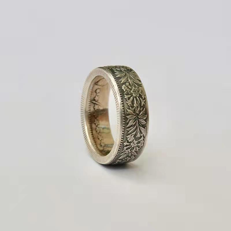 Handmade Coin Rings With Edelweiss Pattern Silver Plated Unisex Retro Geometric Jewelry Elegant Vintage Finish