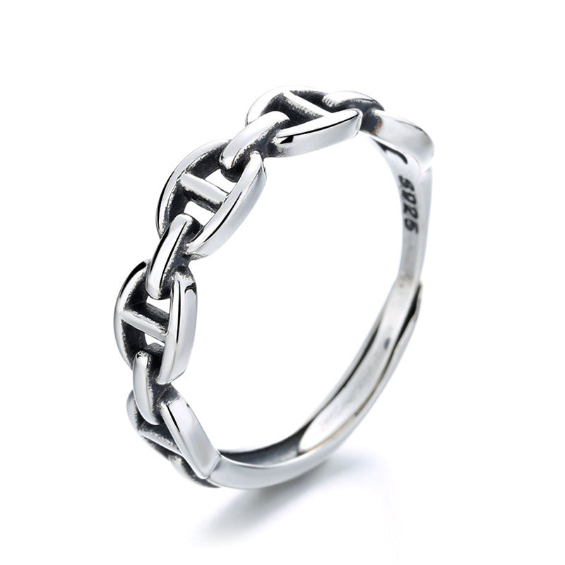 Women Silver Chain Link Ring Adjustable Opening Antique Polished Fashion Jewelry Gift For Her Women Girls Gift