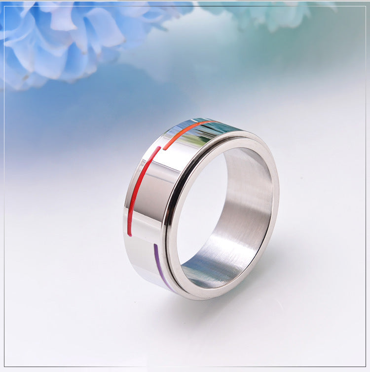 Silver Rotatable Rainbow Flag Ring Stainless Steel Fashion Jewelry Unisex Gift Accessory Versatile Style Jewel