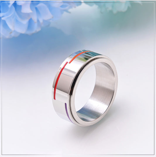 Silver Rotatable Rainbow Flag Ring Stainless Steel Fashion Jewelry Unisex Gift Accessory Versatile Style Jewel