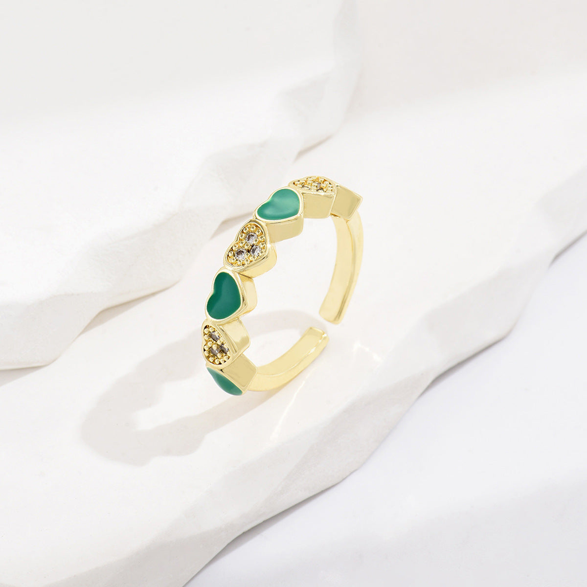 Women Adjustable Grass Green Heart Shaped Copper Ring Electroplated Fashion Jewelry For Daily Wear Accessory Gift