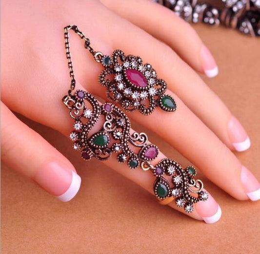 Turkish Double Finger Rings For Women Flower Ethnic Jewelry Resin Vintage Pretty Exquisite Mid Ring Artsy Look