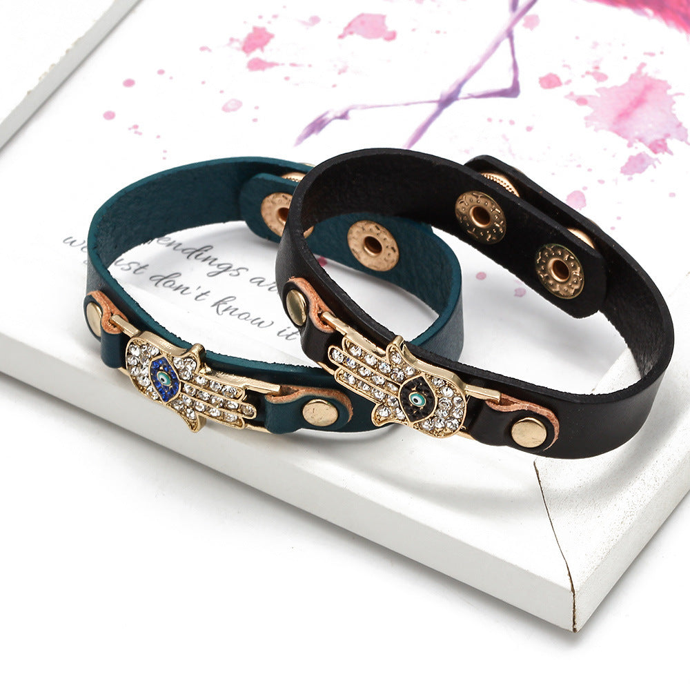 Womens Leather Palm Bracelet With Diamond Eyes Jewelry
