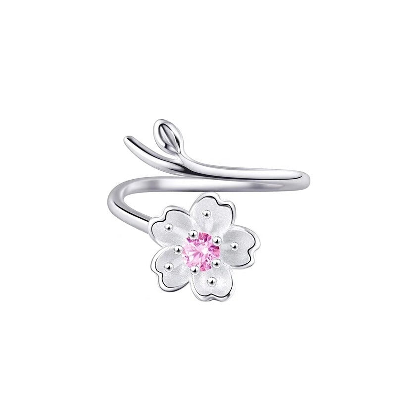 Sterling Silver Tree Branch Flower Ring Open Adjustable Fit For Women Cute Temperament Jewelry Elegant Minimalist Style