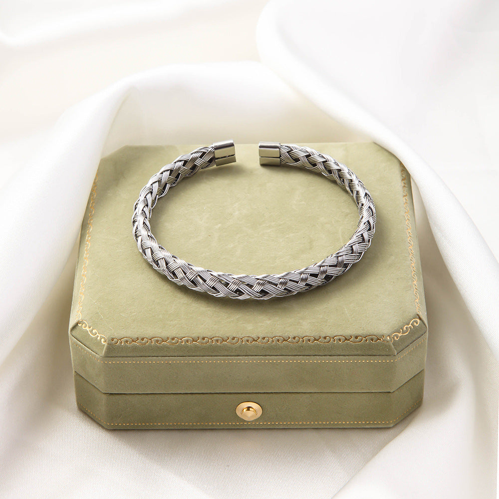 Stainless Steel Woven Bracelet Open Ended Fashion Bangle Electroplated Durable Round Design Accessory Steel And Gold