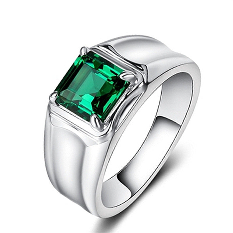 White Gold Plated Blue Green Ruby Men Ring Geometric Korean Style Jewelry Gift Box Ready For Weddings And Everyday Wear