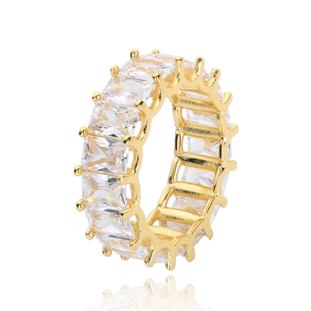 Unisex Hip Hop Ring Gold Platinum Inlaid Rectangular Zircon Copper Geometric Rounded Fashion Jewelry Men Women