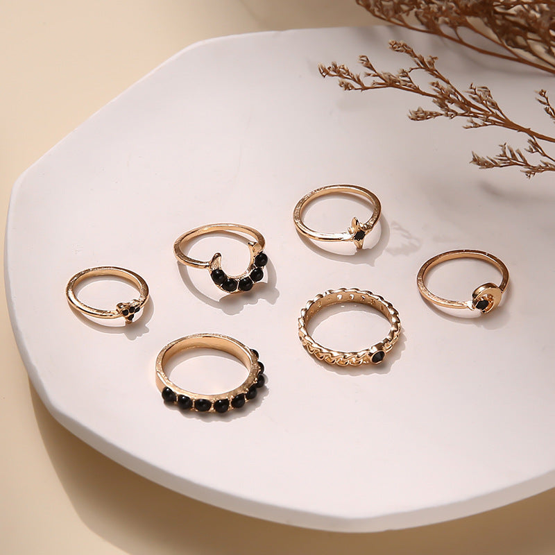 Womens Star And Moon Ring Set Six Piece Geometric Alloy Rings Electroplated Finish Stackable Jewelry Great Gift Idea