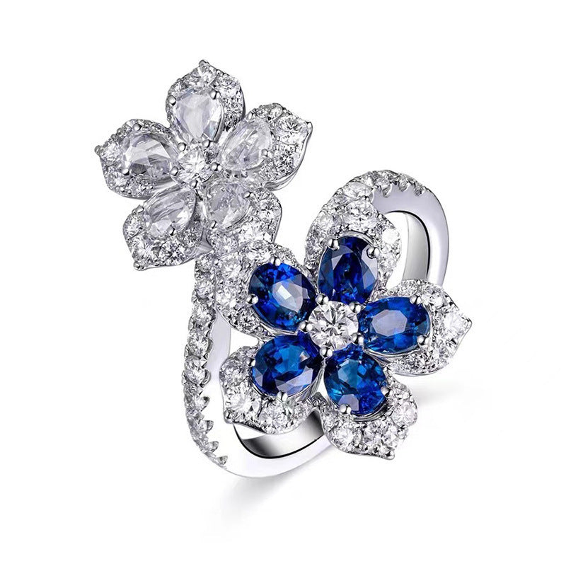Copper Ring For Women With Colorful Sapphire Double Flower Design Fashion Jewelry Natural Look Elegant Accents