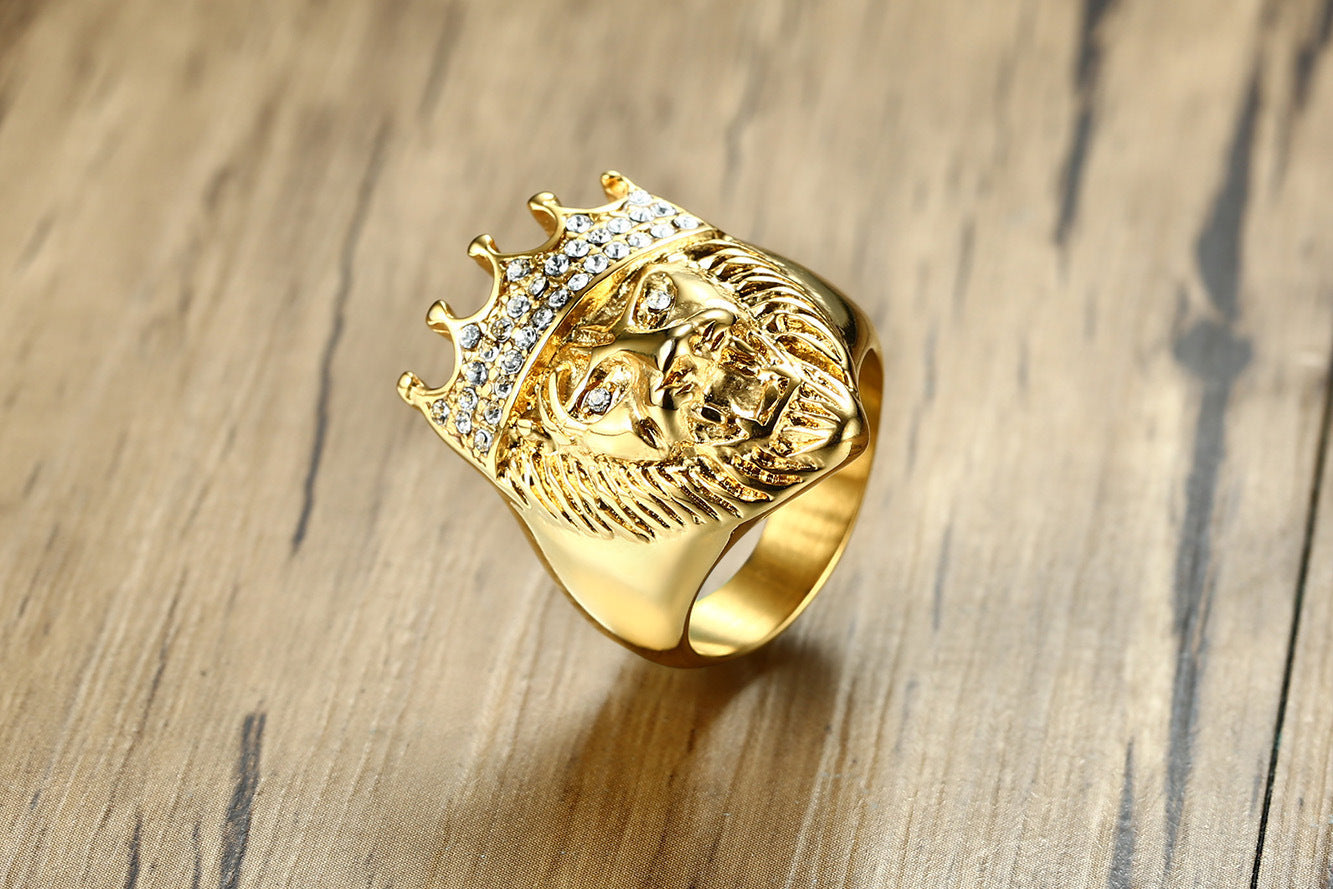Men's Lion Head Ring Stainless Steel Band with Rhinestone Crown Animal Jewelry Statement Ring Biker Ring for Men Fashion Ring Golden Lion Ring
