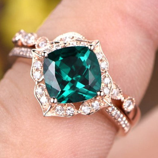 Mother Emerald Green Zircon Ring With Sapphire Rose Gold Plated Geometry Style Unisex Couple Ring Set Size 6 7 8 9 10
