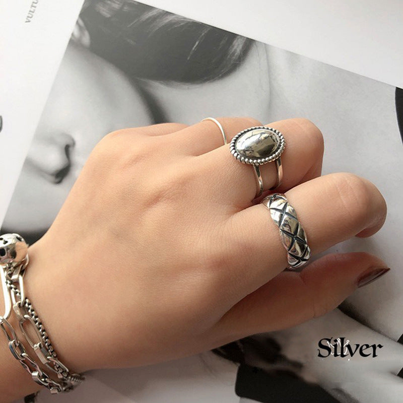 Sterling Silver Ring Double Oval Plaid Wave Jewelry Women