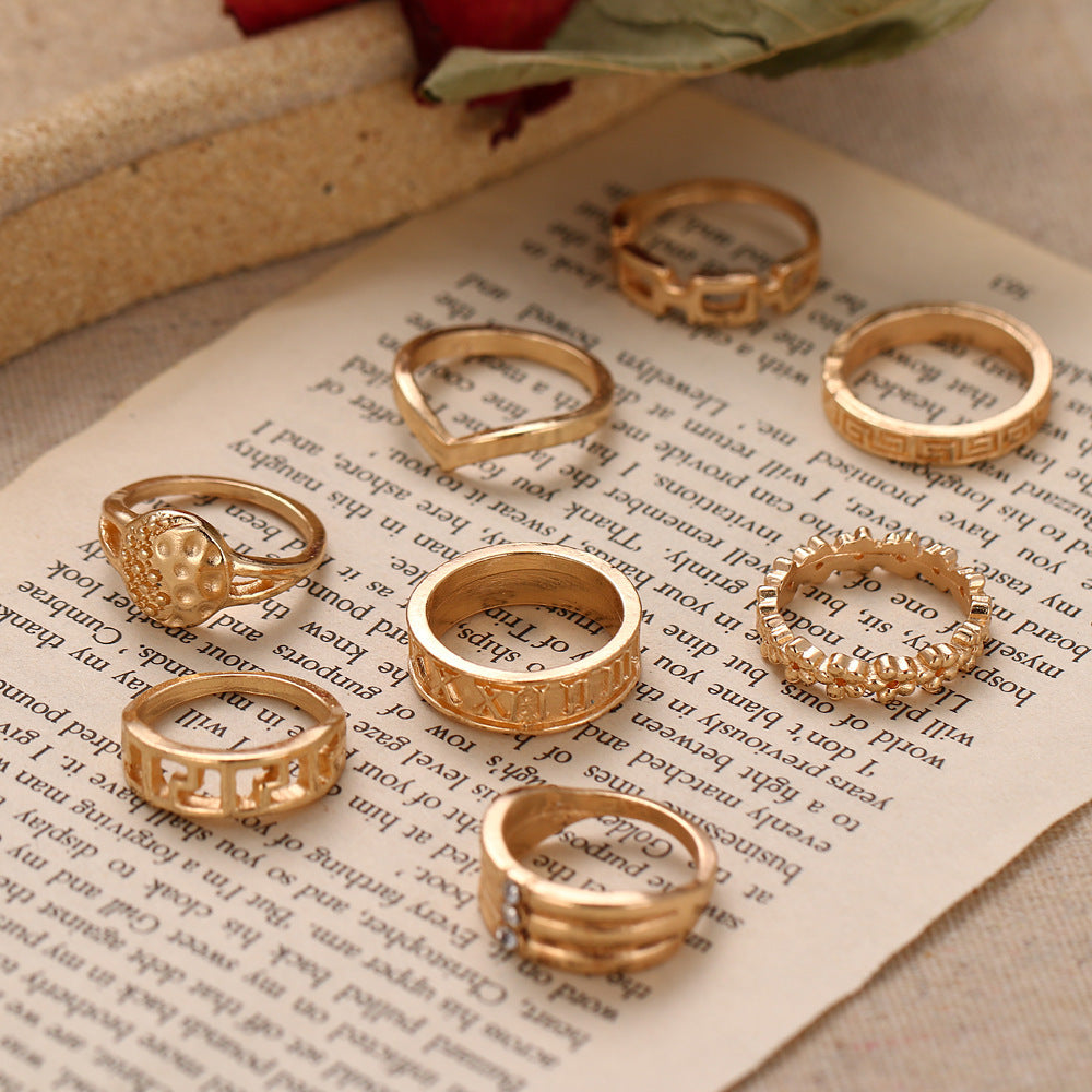 Unisex Geometric Ring Hollow Petaled Design Alloy Gold Plated Inlaid Gemstones Fashions Ring Set For Men Women