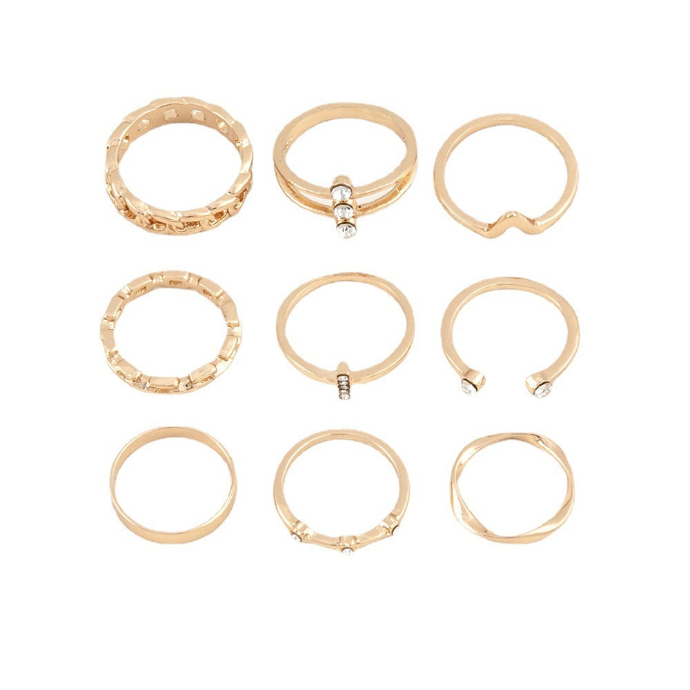 Women Ring Set 9 Piece Cross V Twist Geometric Alloy Rings With Artificial Gems Electroplated Fashion Everyday