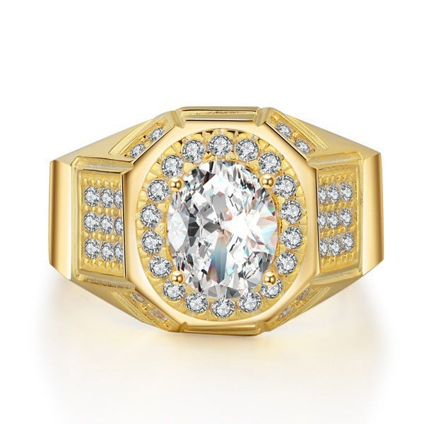 Men's 18K Gold Plated Zircon Engagement Ring Geometric Design European American Style Durable Wedding Band AAA