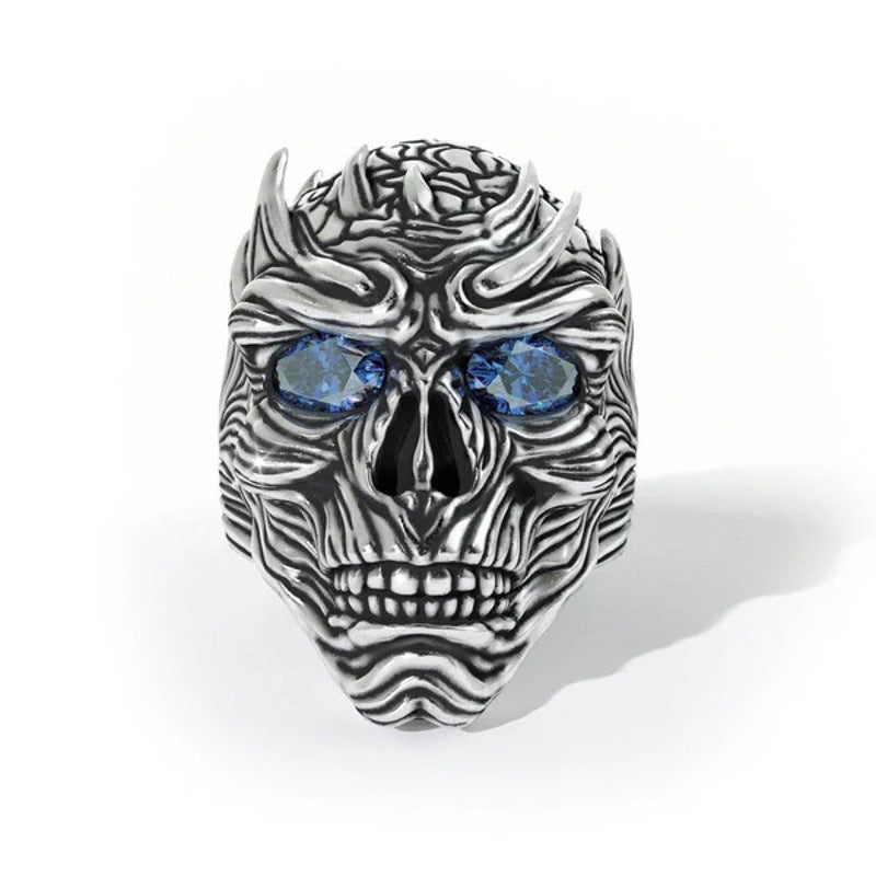 Exotic Skull Ring With Blue Eyes Aluminum Alloy Electroplated Inlaid Fashion Accessory Statement Ring For Men Style