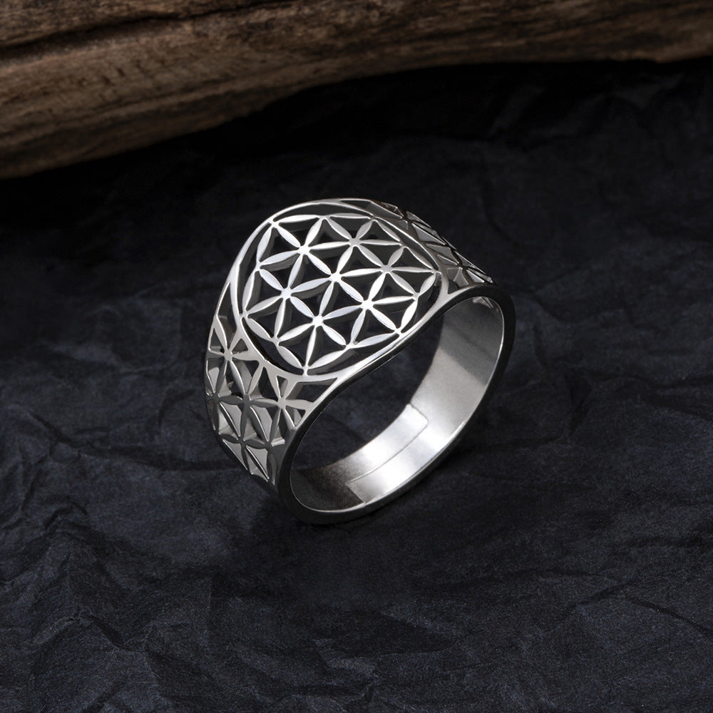 Stainless Steel Hollow Six Side Eight Pointed Stars Ring Unisex Adjustable Size Flower Shape Jewelry Style 4 Gold