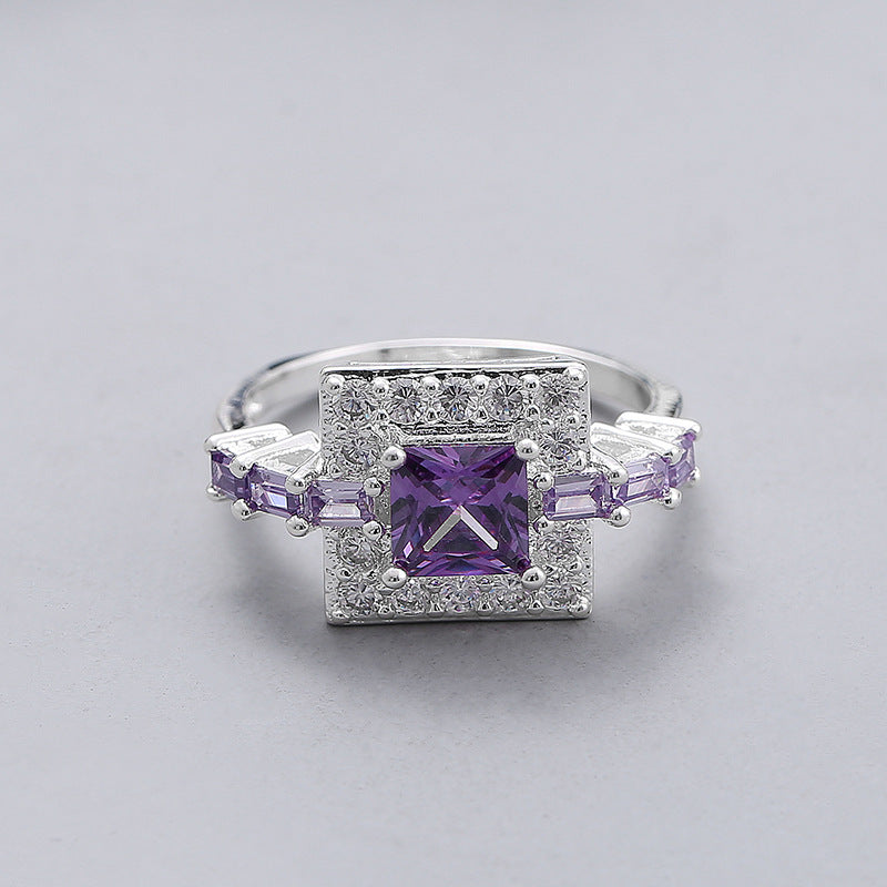 Purple Zircon Ring Platinum Plated Cubic Zirconia Gemstone Fashion Statement Jewelry for Women Elegant Anniversary Gift