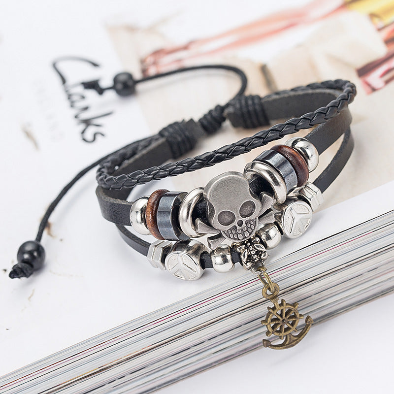 Unisex Leather Skull Bracelet With Rudder Pendant Alloy Inlay Skull Crossbones Individually Packed Now For Men