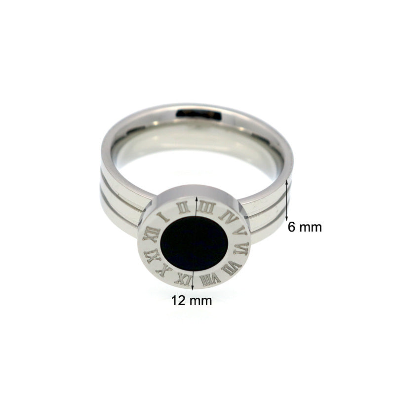 Roman Numerals Round Shell Agate Ring For Women Stainless Steel Titanium 10mm Cocktail Ring Circle Design Chic