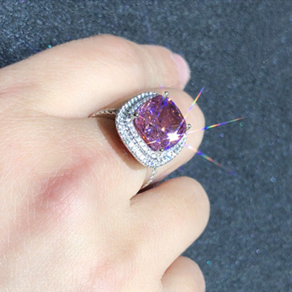 Geometric Zircon Inlays Copper Ring For Women Pink Color Elegant Fashion Jewelry Geometric Design Inlaid Ring