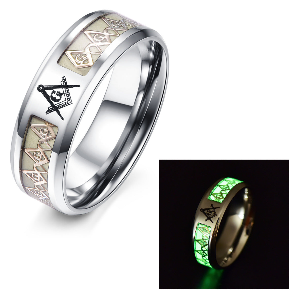 Unisex Glow In The Dark Ring Masonic Pattern Band Handmade Alloy Jewelry Gift for Men and Women Size 7 8 9 10 11