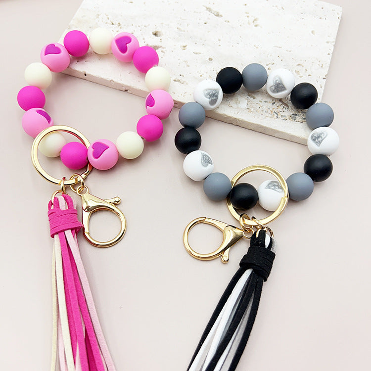 Women Silicone Beads Bracelet Keyring With Velvet Tassel Peach Heart Charm For Car Luggage Pink Green Fun Gift