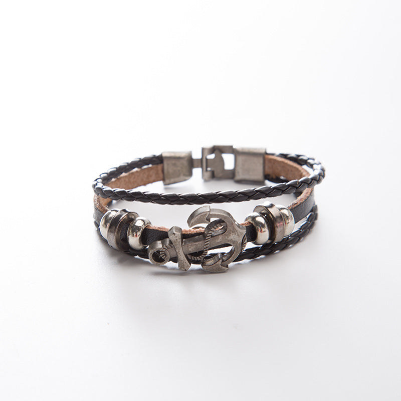 Mens Vintage Hand Woven Anchor Cowhide Leather Bracelet for Couple Anniversary Gift for Him and Her Gift Ideas