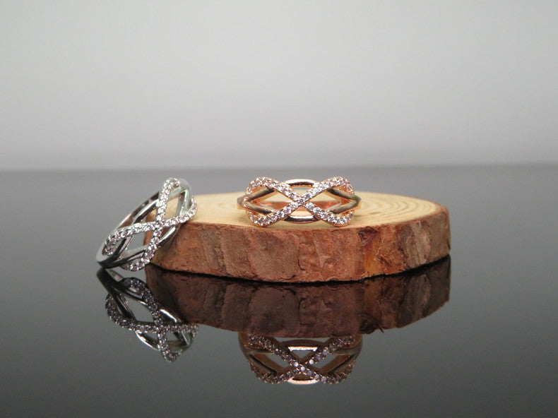 Infinity Figure Eight Copper Zircon Ring Rose Gold Wedding Band Vintage Wave Design Jewelry For Women Elegant Sparkle