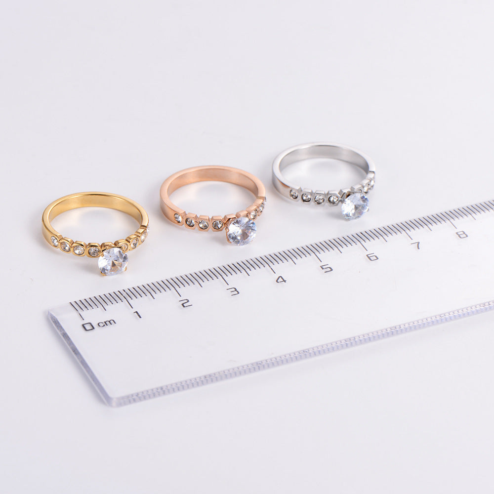 Polished Hexagonal Rhinestone Zircon Ring Inlaid Stainless Steel Gold Rose Gold Finish Sizes 5 6 7 8 9 Sparkle