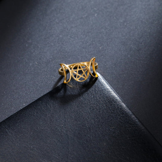 Unisex Double Moon Pentagram Ring Stainless Steel Electroplated Gold Band Jewelry Size 7 8 9 10 11 Modern Touch