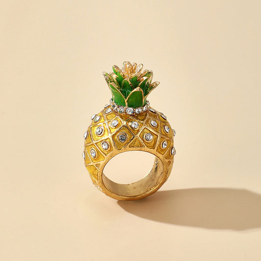 Womens Gold Plated Pineapple Ring 3D Fruit Design Exaggerated Personality Ring Fashion Jewelry Statement Rings