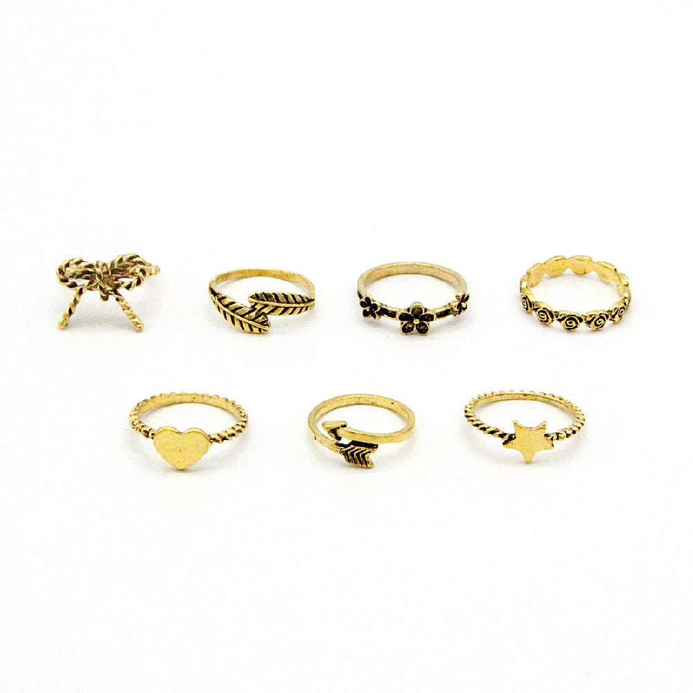 Gold Plated Ring Set Bowknot Star Flower Leaf Design Retro Alloy Knuckle Rings 7 Pcs Jewelry For Women Elegant Set
