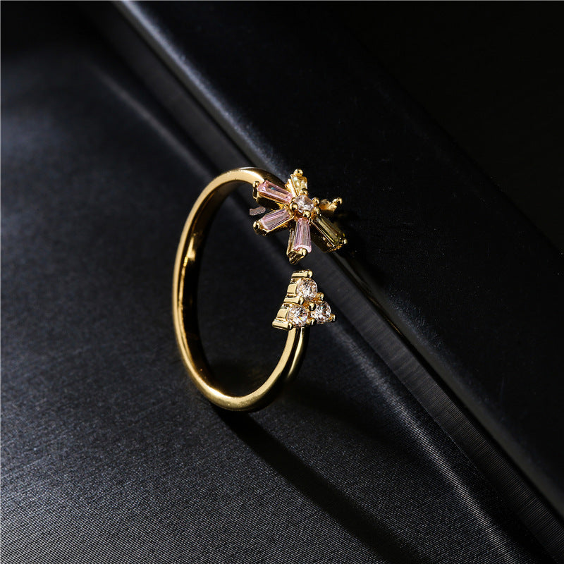 Copper Ring For Women Geometric Zircon Inlay Adjustable Opening Fashionable Elegant Durable Jewelry Long Lasting Shine