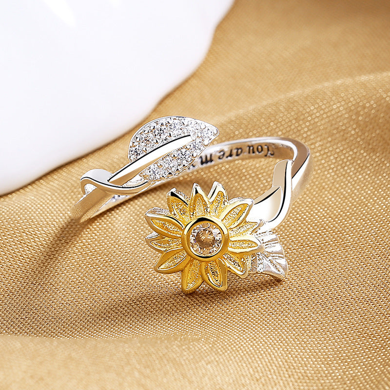 Two Tone Gold Silver Sunflower Ring Adjustable Flower Finger Ring For Women Fashion Jewelry Accessory Gift Box