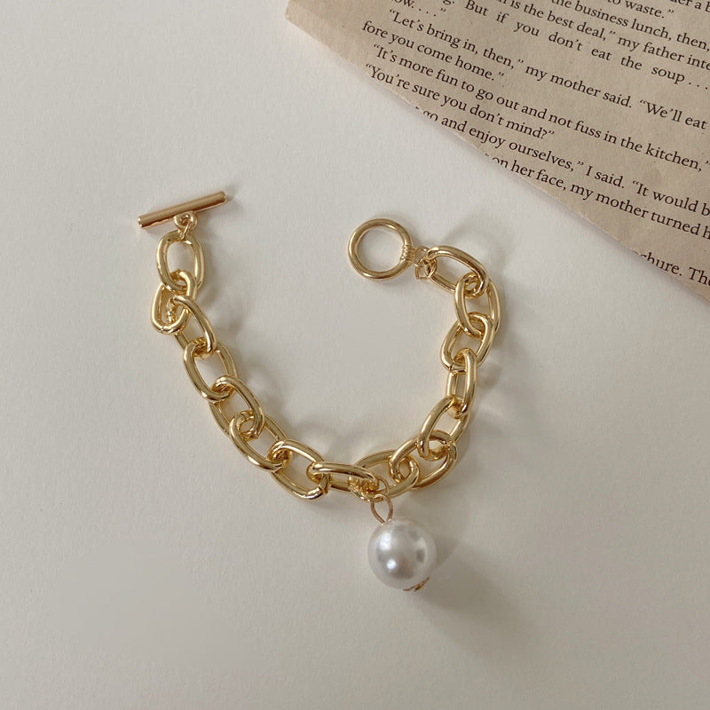 Womens Retro Geometric Alloy Bracelet With Pearl Pendant Electroplated Punk Jewelry Large Pearl Bracelet Female