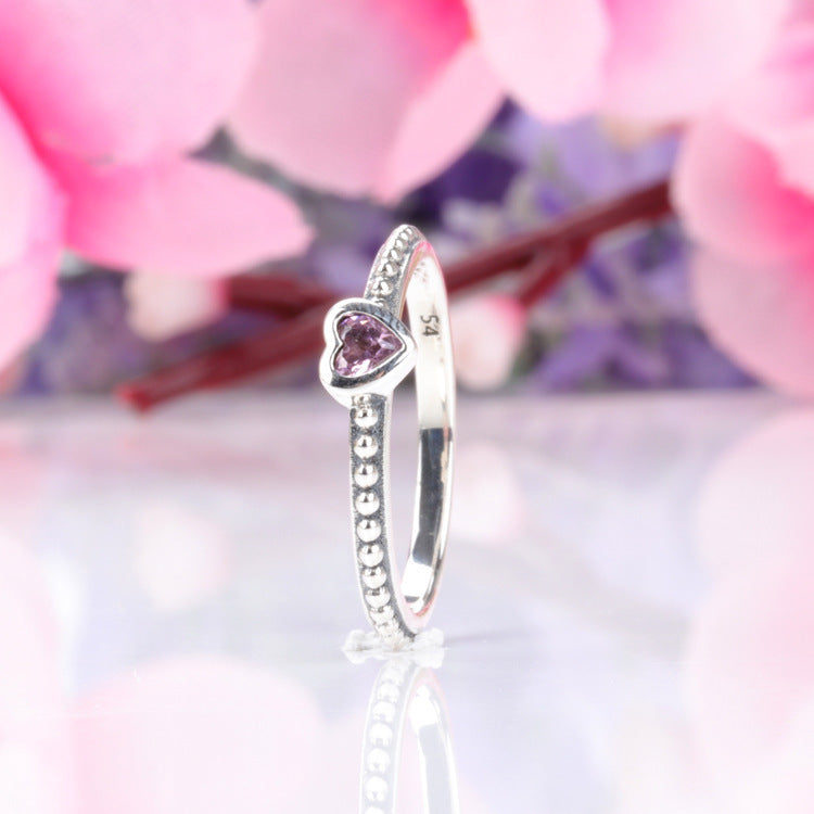 Heart Ring Silver Plated Copper White Diamond Rose Red Pink