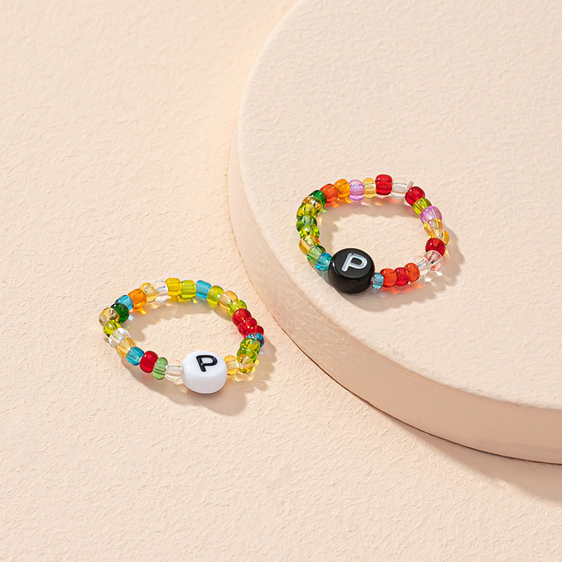 Beaded Letter Initial Ring For Ladies And Men Resin Alphabet Trendy Korean Geometric Ethnic Retro Jewelry Gift