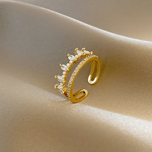 Women Adjustable White Gold Filled Copper Geometric Crown Ring Diamond Inlay Fashion Ring Korean Style Jewelry