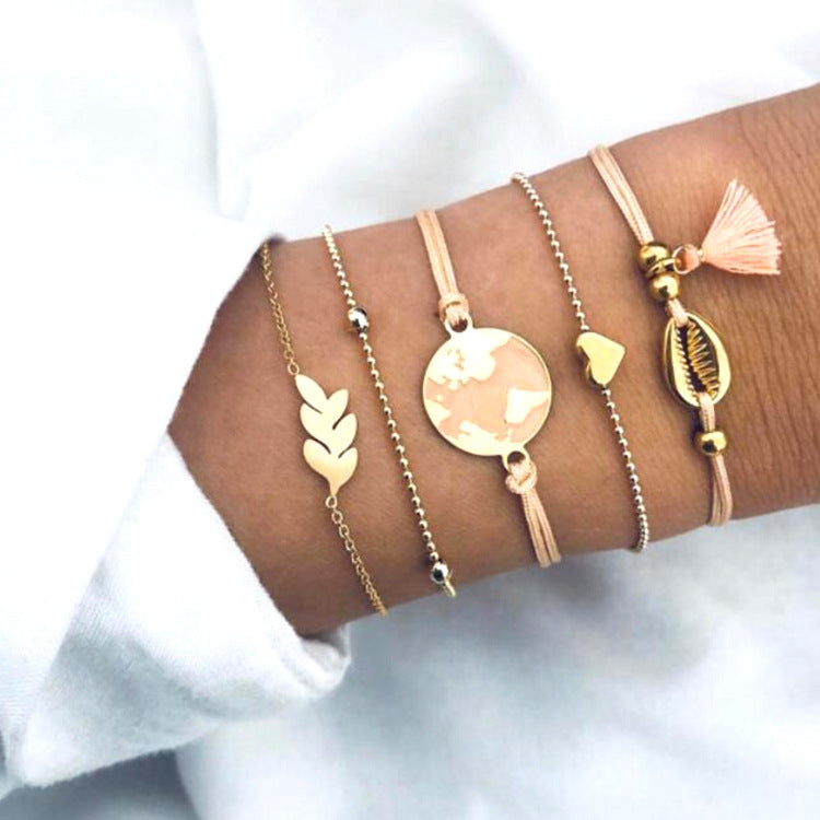 Unisex Alloy Tassel Bracelet Set Chain Braided Rope With Leaf Charm Fashion Bracelet Individually Packed Today