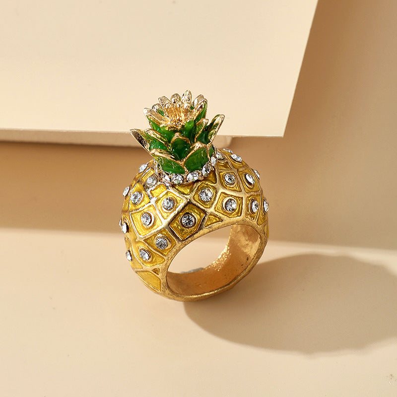 Womens Gold Plated Pineapple Ring 3D Fruit Design Exaggerated Personality Ring Fashion Jewelry Statement Rings
