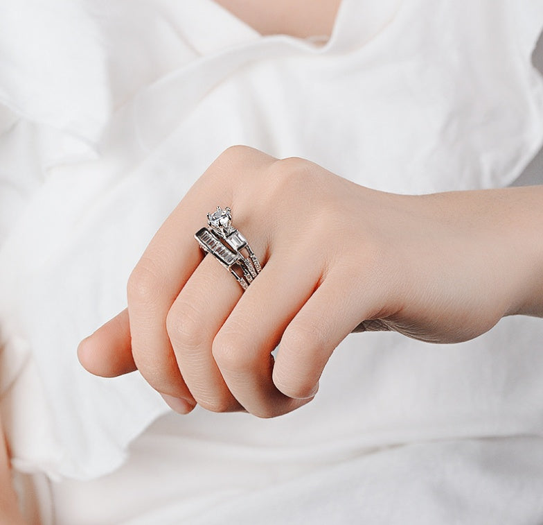 Diamond Studded Ring Sterling Silver White Gold Tone Geometric Design For Women Anniversary Gift Mosaic Gemstone