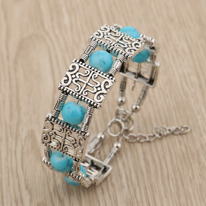 Womens Turquoise Beaded Geometric Alloy Bracelet Electroplated Fashion Bracelet Tibetan Bracelet Boho Bracelet