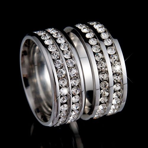 Couple Rings For Women And Men Fashion Double Row Rhinestones Titanium Steel 8mm Wedding Engagement Ring Style