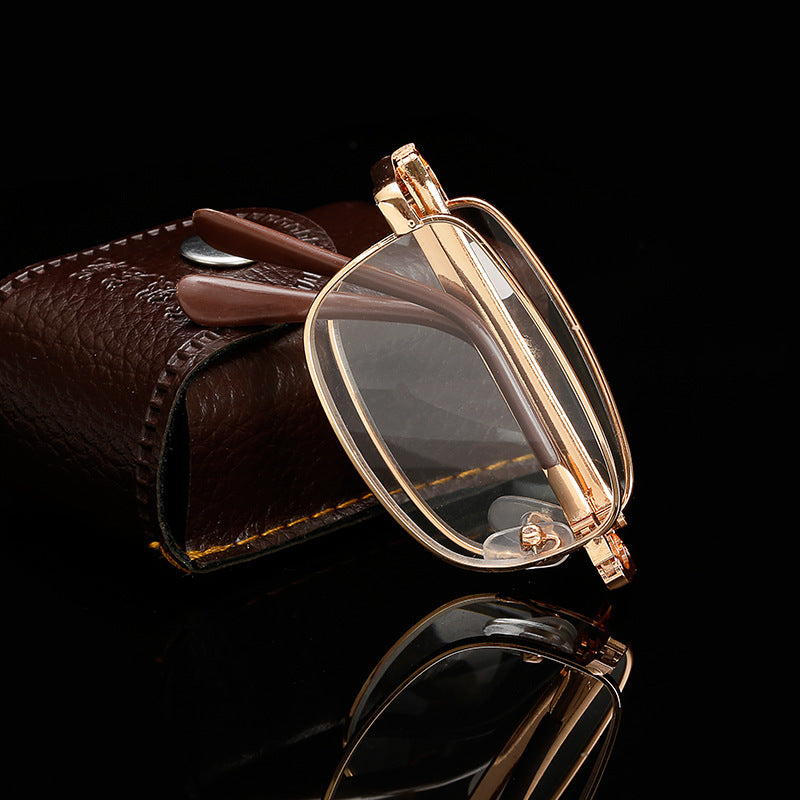 Folding Reading Glasses Metal Frame Full Frame Design For Oval Face Shape Protective Case Cleaning Cloth Metal